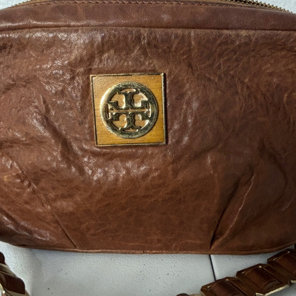Vtg Tory Burch Amanda Brown Distressed Leather Crossbody Bag Zip Top Chain Strap - Picture 9 of 10